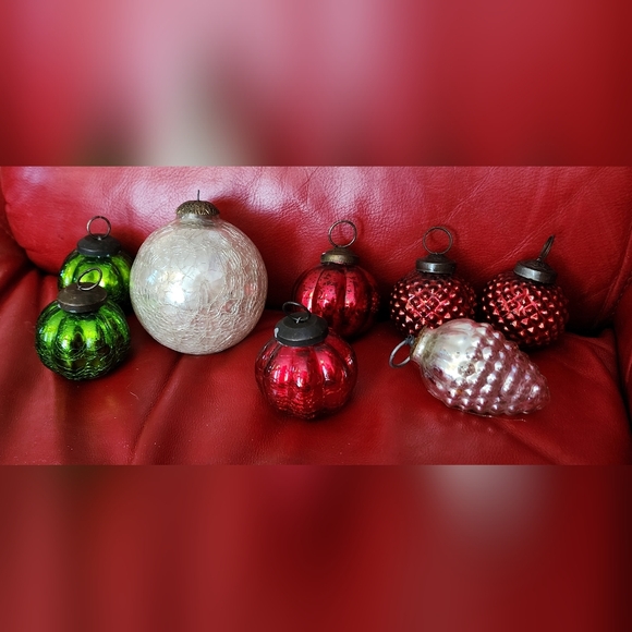 Vintage Kugal? White Silver Green Red Crackled Glass Ornaments BENIFITS CHARITY